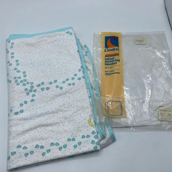 VTG Carters Aqua Yellow Dinosaur Tracks Feet Dots Baby Blanket Cotton Security - Picture 1 of 4